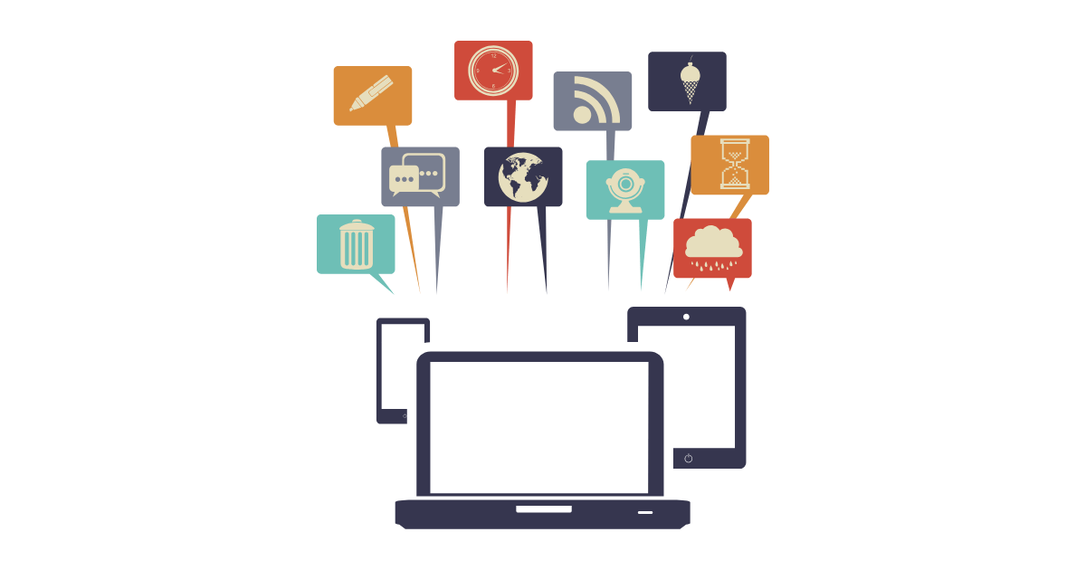 A laptop, tablet and mobile phone centre screen. Above are a series of icons depicting technology apps.